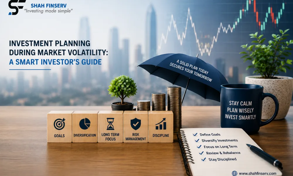 Investment planning during market volatility with diversification, long-term investing, risk management, and disciplined financial planning by Shah Finserv.