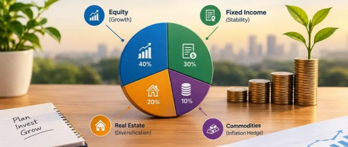 Asset allocation pie chart illustrating equity, debt, gold, and cash for long-term wealth growth.